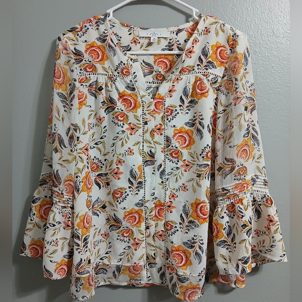 Fever White‎ Cream Ruffled Blouse with Notched Collar